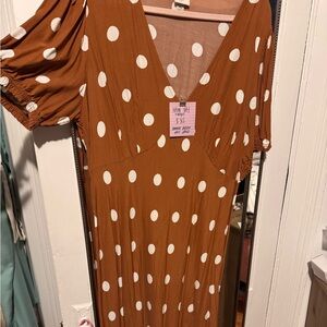 Brown and white polka dot puff sleeve maxi dress
